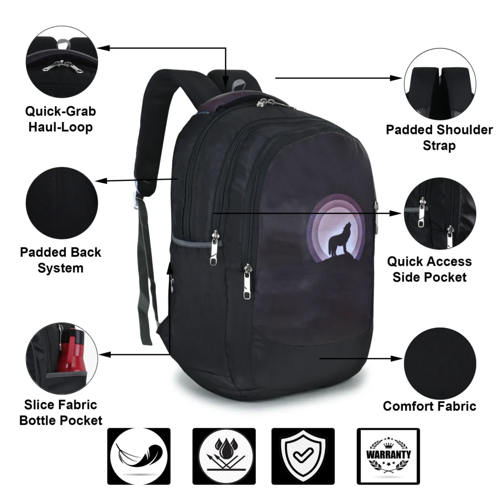 SKUGG stylish black travel backpack with modern wolf print design, lightweight body, multiple zip compartments, and comfortable shoulder straps for daily office, college, and travel use.
