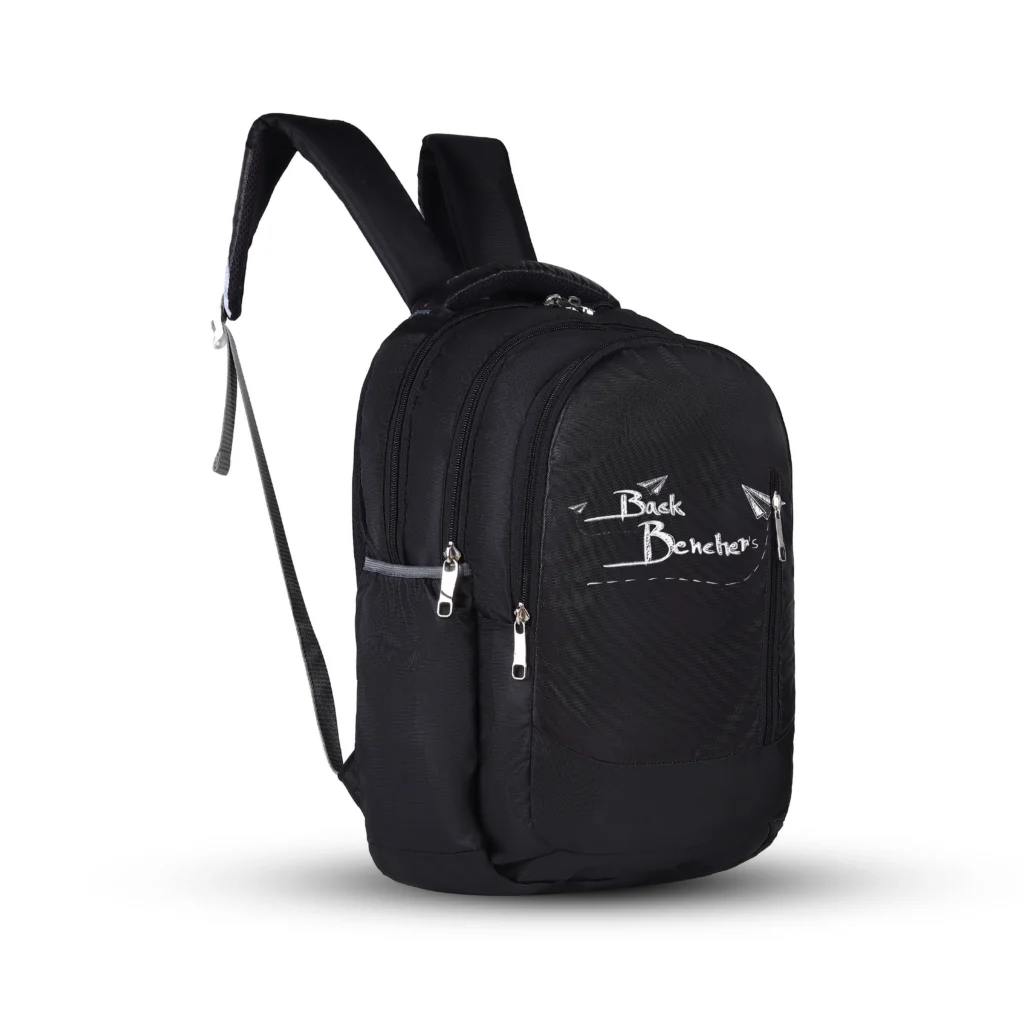 SKUGG black casual backpack with multiple zipper compartments, padded shoulder straps, and stylish printed front design.