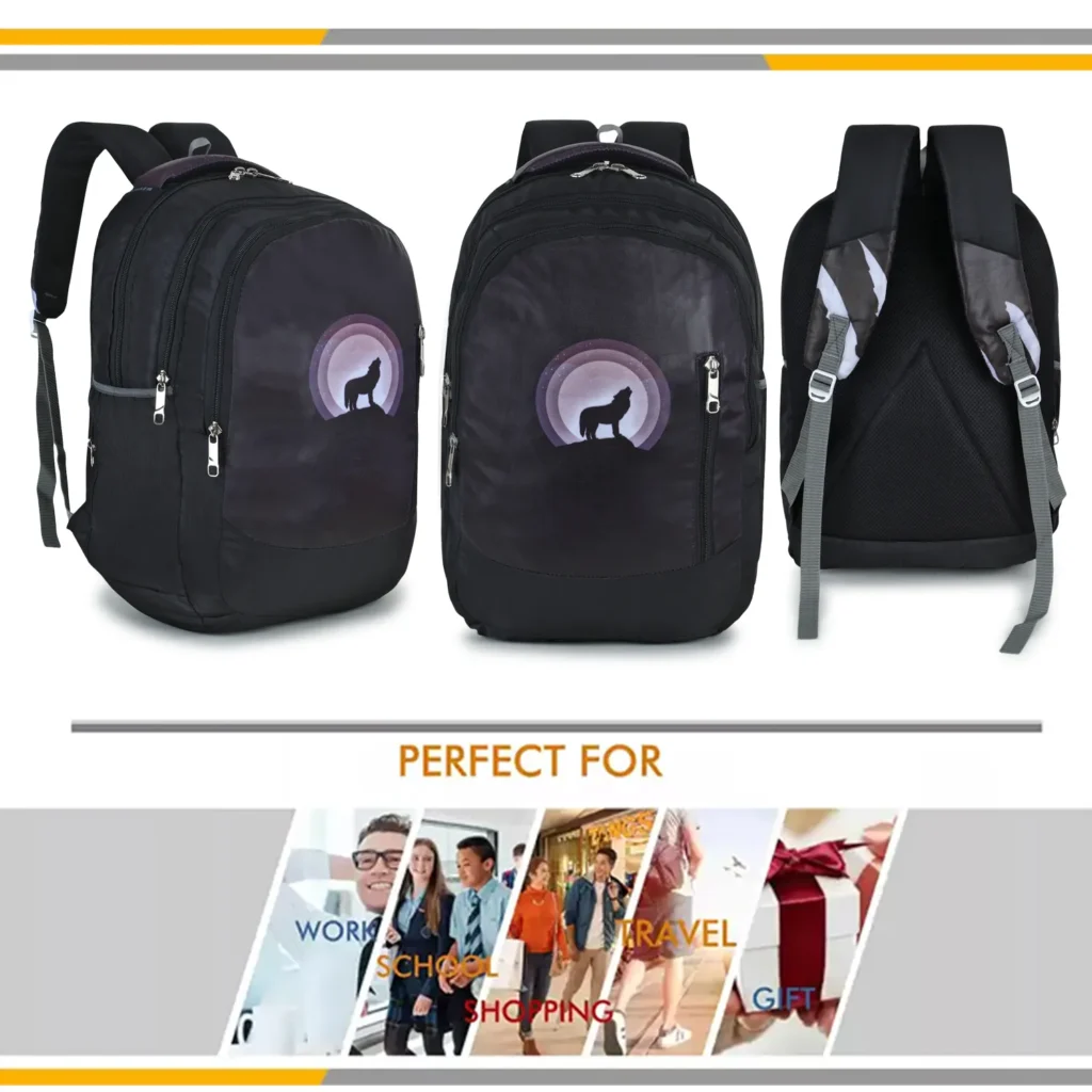 SKUGG stylish black travel backpack with modern wolf print design, lightweight body, multiple zip compartments, and comfortable shoulder straps for daily office, college, and travel use.