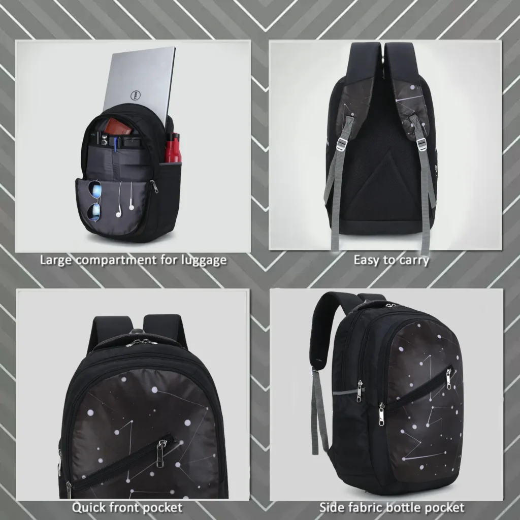 SKUGG stylish black constellation-print backpack carried by a young woman walking on a modern college campus outdoors.