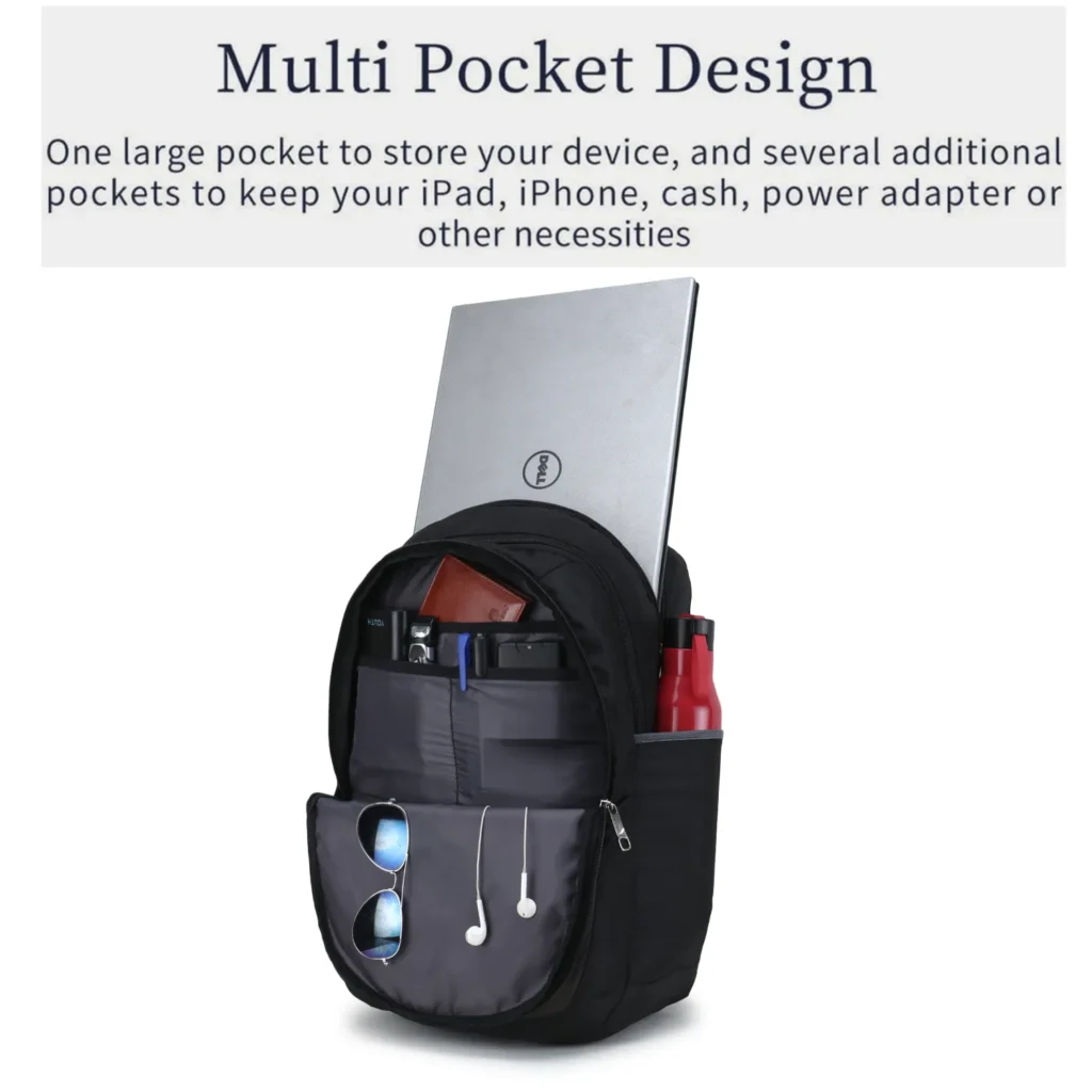 SKUGG stylish black constellation-print backpack carried by a young woman walking on a modern college campus outdoors.