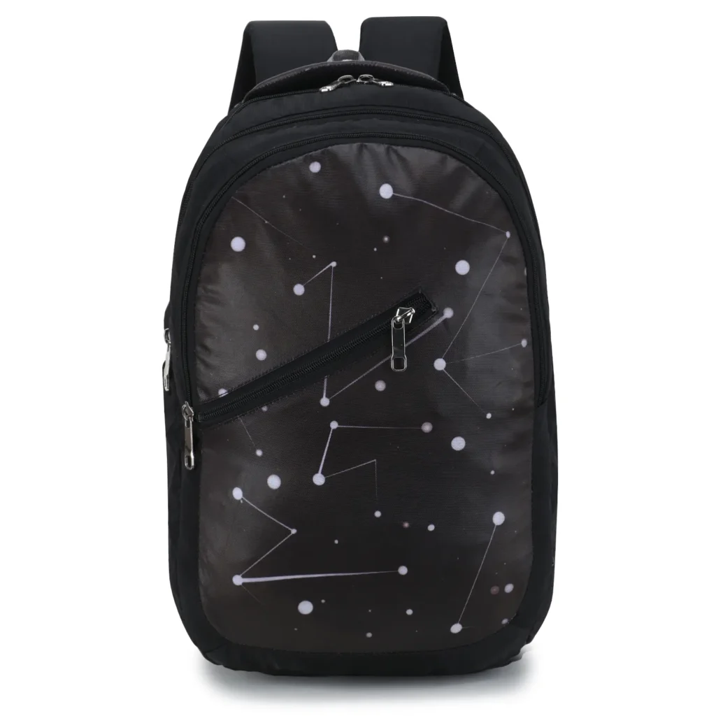 SKUGG stylish black constellation-print backpack carried by a young woman walking on a modern college campus outdoors.