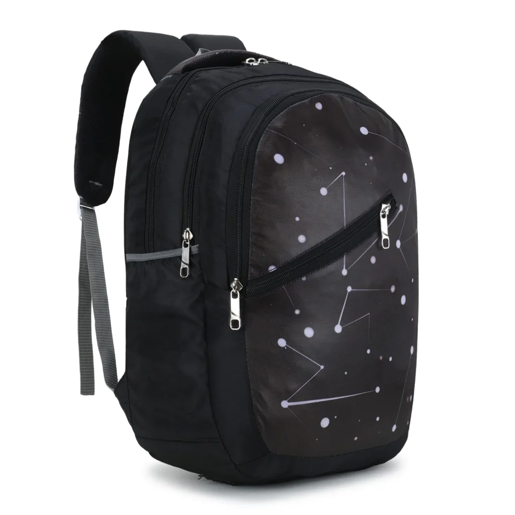 SKUGG black trendy backpack with galaxy-inspired print, multiple zip compartments, padded shoulder straps, and lightweight design for school, travel, and daily use.