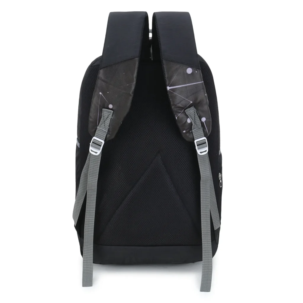 SKUGG stylish black constellation-print backpack carried by a young woman walking on a modern college campus outdoors.