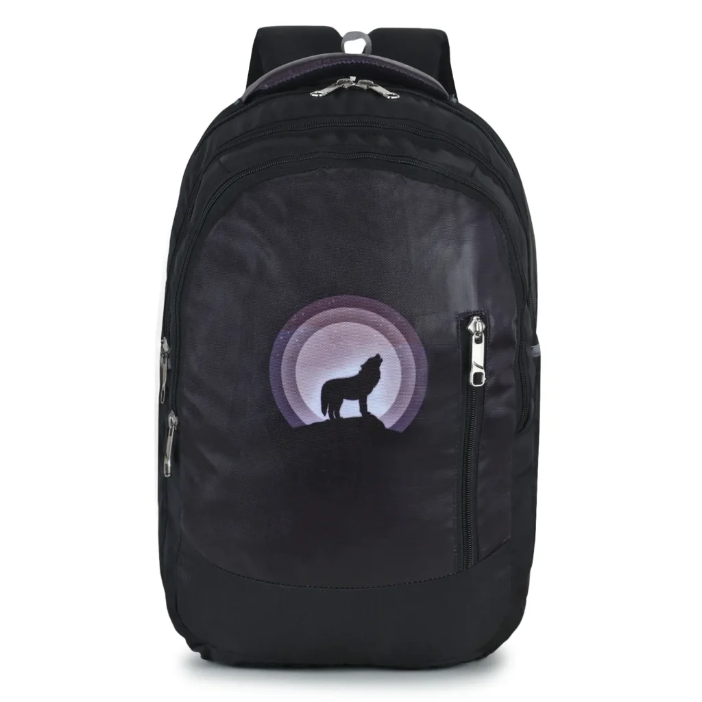 SKUGG stylish black travel backpack with modern wolf print design, lightweight body, multiple zip compartments, and comfortable shoulder straps for daily office, college, and travel use.