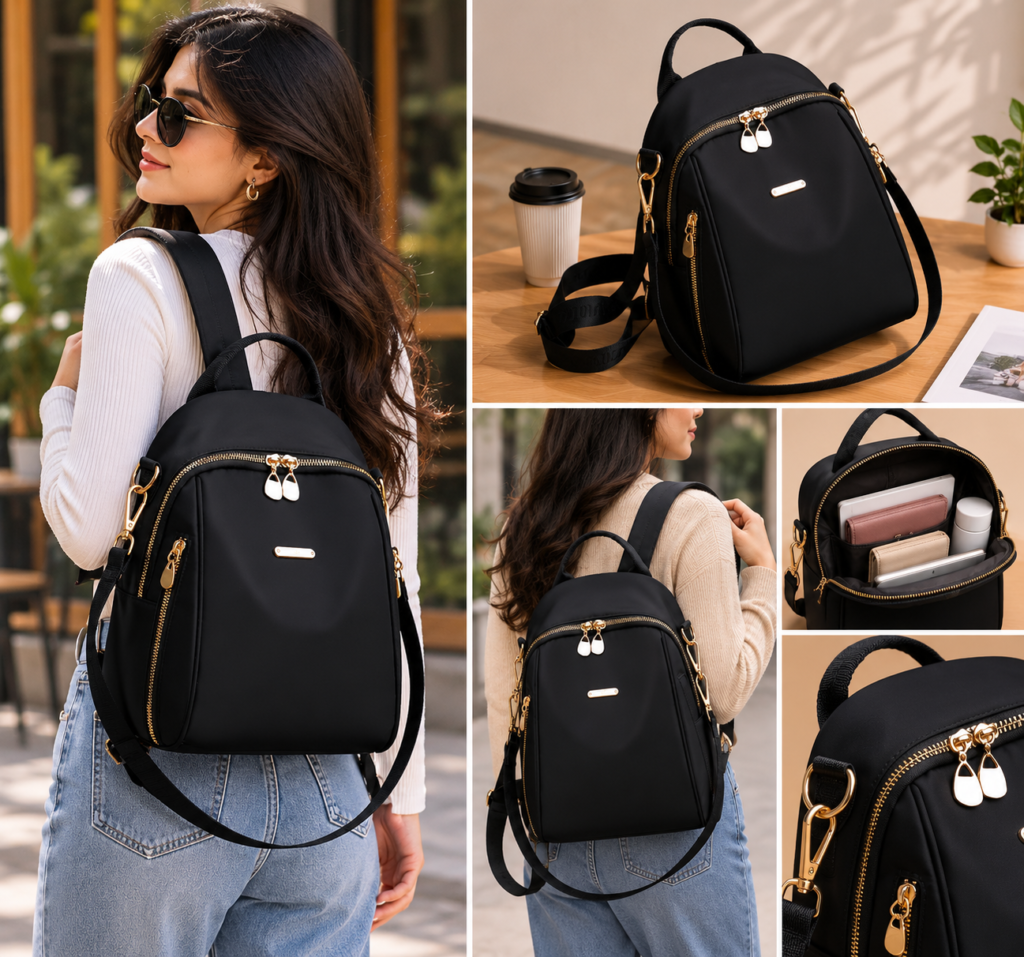 Collage of a stylish black SKUGG women’s mini backpack featuring premium gold zippers, spacious compartments, and modern everyday fashion styling.