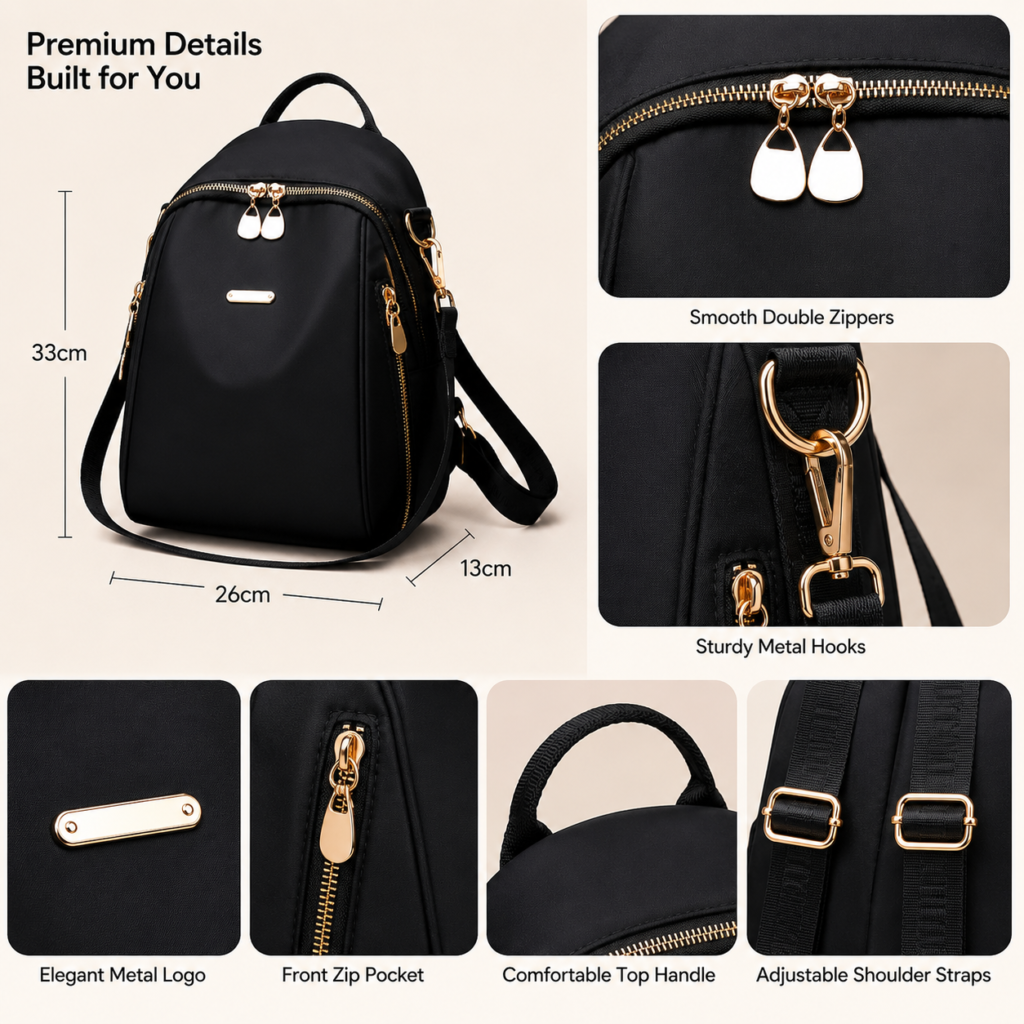Premium black SKUGG women’s mini backpack featuring smooth double zippers, adjustable shoulder straps, sturdy metal hooks, front zip pocket, and compact dimensions.