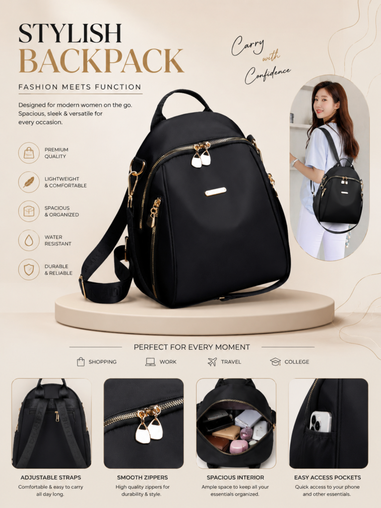 SKUGG stylish black women’s backpack with gold zippers, adjustable straps, spacious compartments, and modern premium design for daily use, travel, office, and college.
