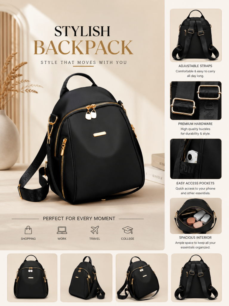 Premium black SKUGG women’s mini backpack featuring smooth double zippers, adjustable shoulder straps, sturdy metal hooks, front zip pocket, and compact dimensions.