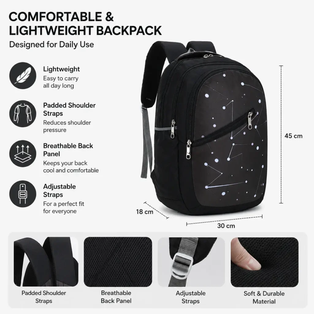 SKUGG stylish black constellation-print backpack carried by a young woman walking on a modern college campus outdoors.