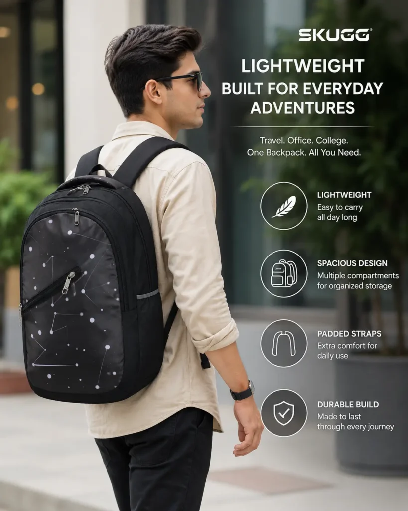 SKUGG stylish black constellation-print backpack carried by a young woman walking on a modern college campus outdoors.
