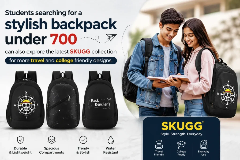 SKUGG black backpack featuring a bold pirate compass graphic design, spacious zip compartment, and padded shoulder straps.