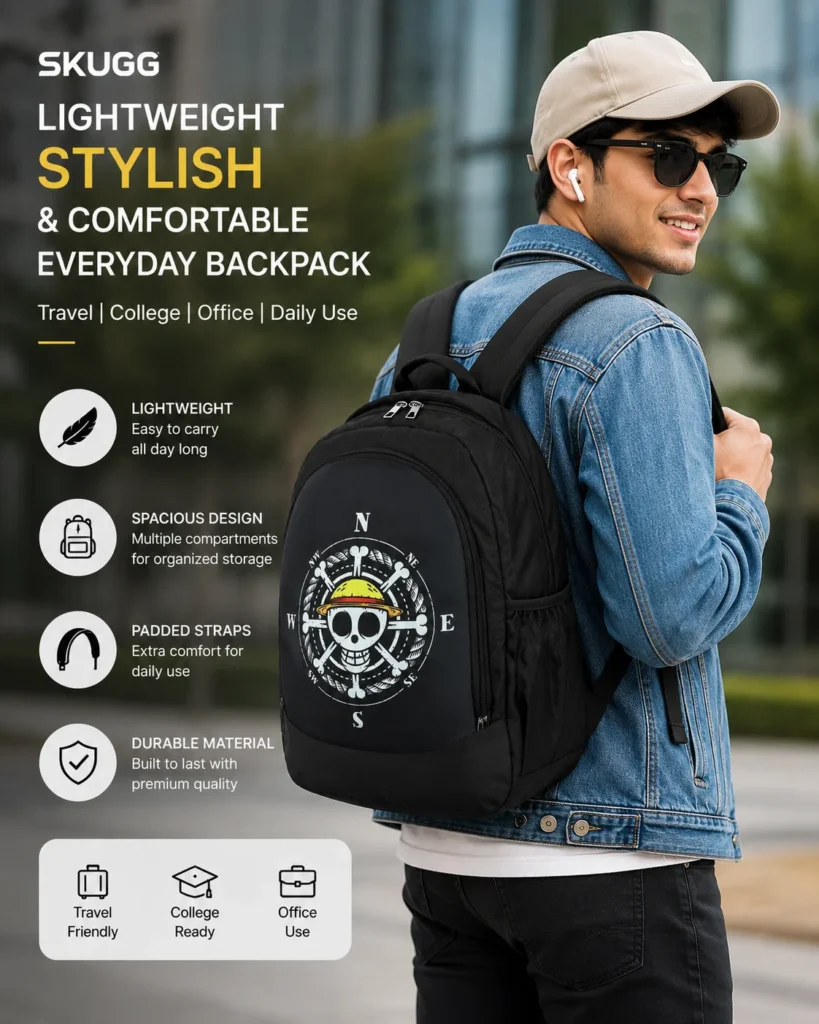 SKUGG black backpack featuring a bold pirate compass graphic design, spacious zip compartment, and padded shoulder straps.