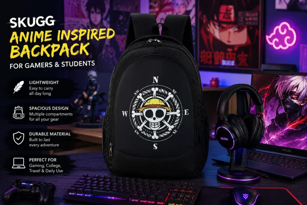 SKUGG black backpack featuring a bold pirate compass graphic design, spacious zip compartment, and padded shoulder straps.