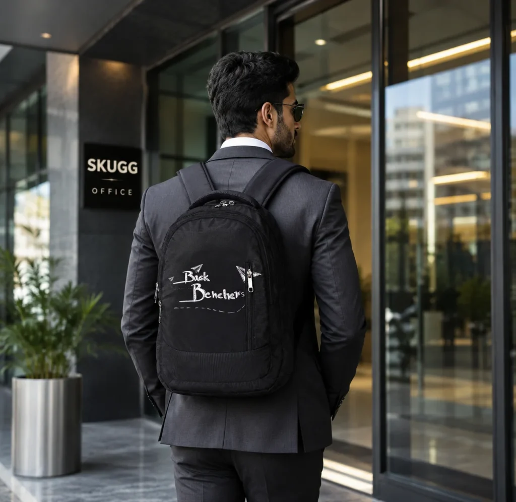 SKUGG black casual backpack with multiple zipper compartments, padded shoulder straps, and stylish printed front design.