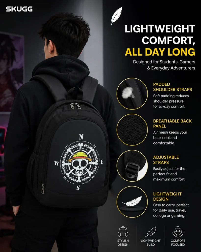 SKUGG black backpack featuring a bold pirate compass graphic design, spacious zip compartment, and padded shoulder straps.