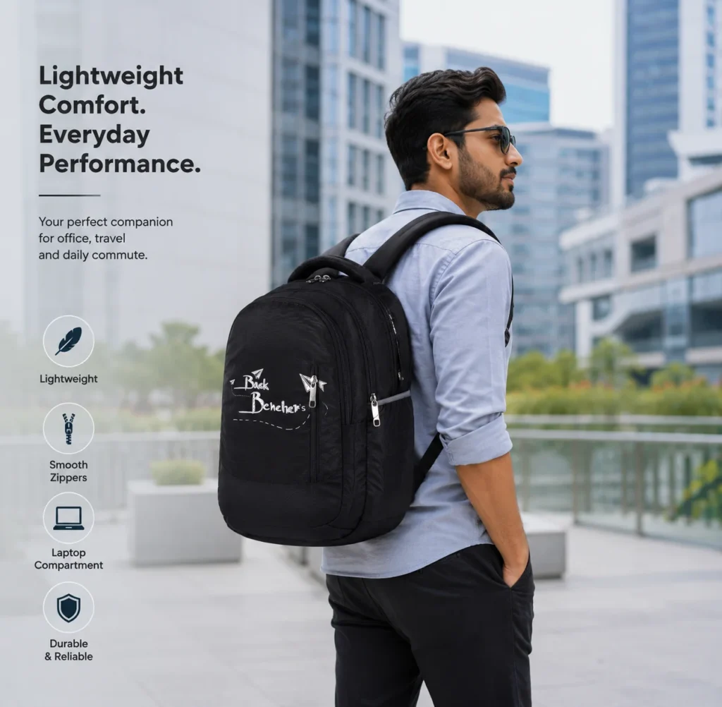 SKUGG black casual backpack with multiple zipper compartments, padded shoulder straps, and stylish printed front design.