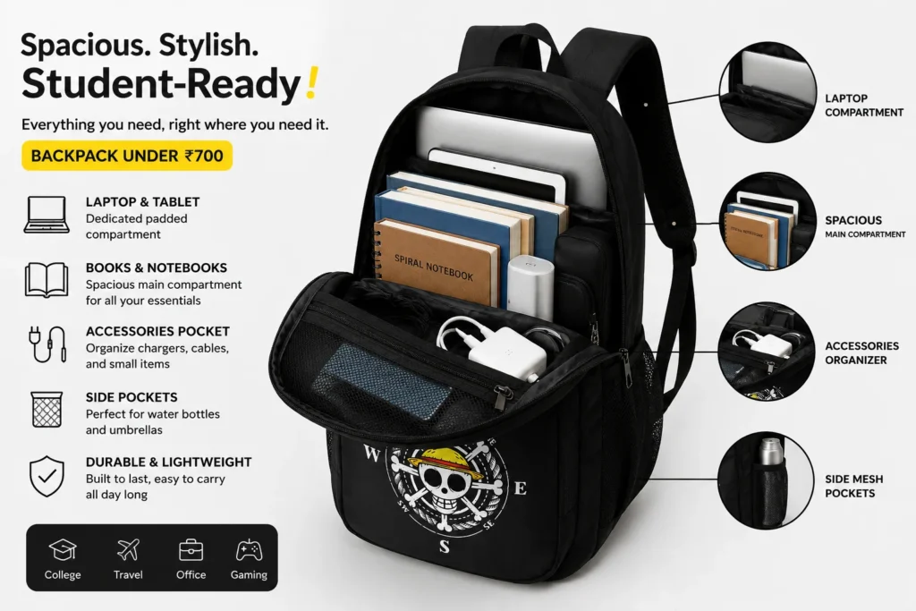 SKUGG black backpack featuring a bold pirate compass graphic design, spacious zip compartment, and padded shoulder straps.