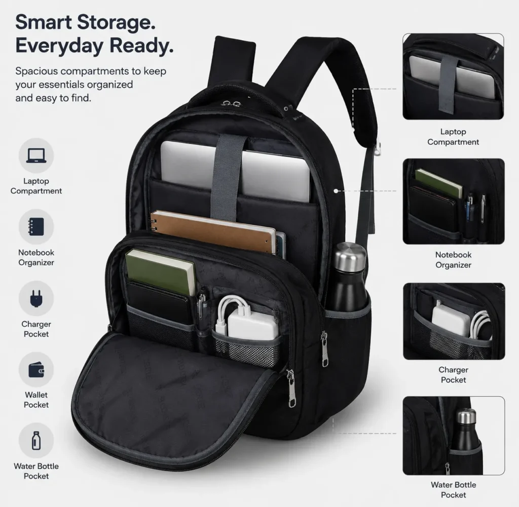 SKUGG black casual backpack with multiple zipper compartments, padded shoulder straps, and stylish printed front design.