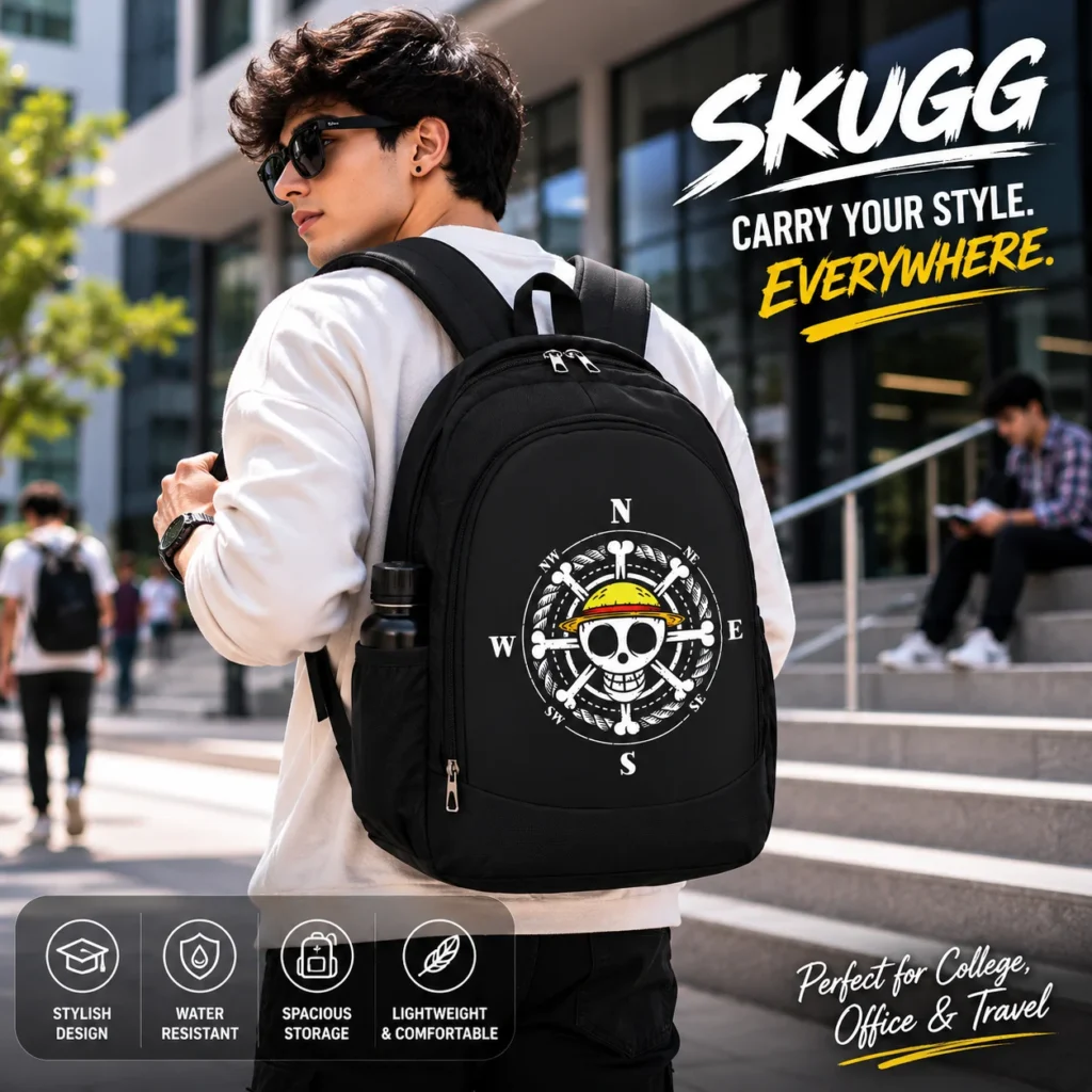 SKUGG black backpack featuring a bold pirate compass graphic design, spacious zip compartment, and padded shoulder straps.