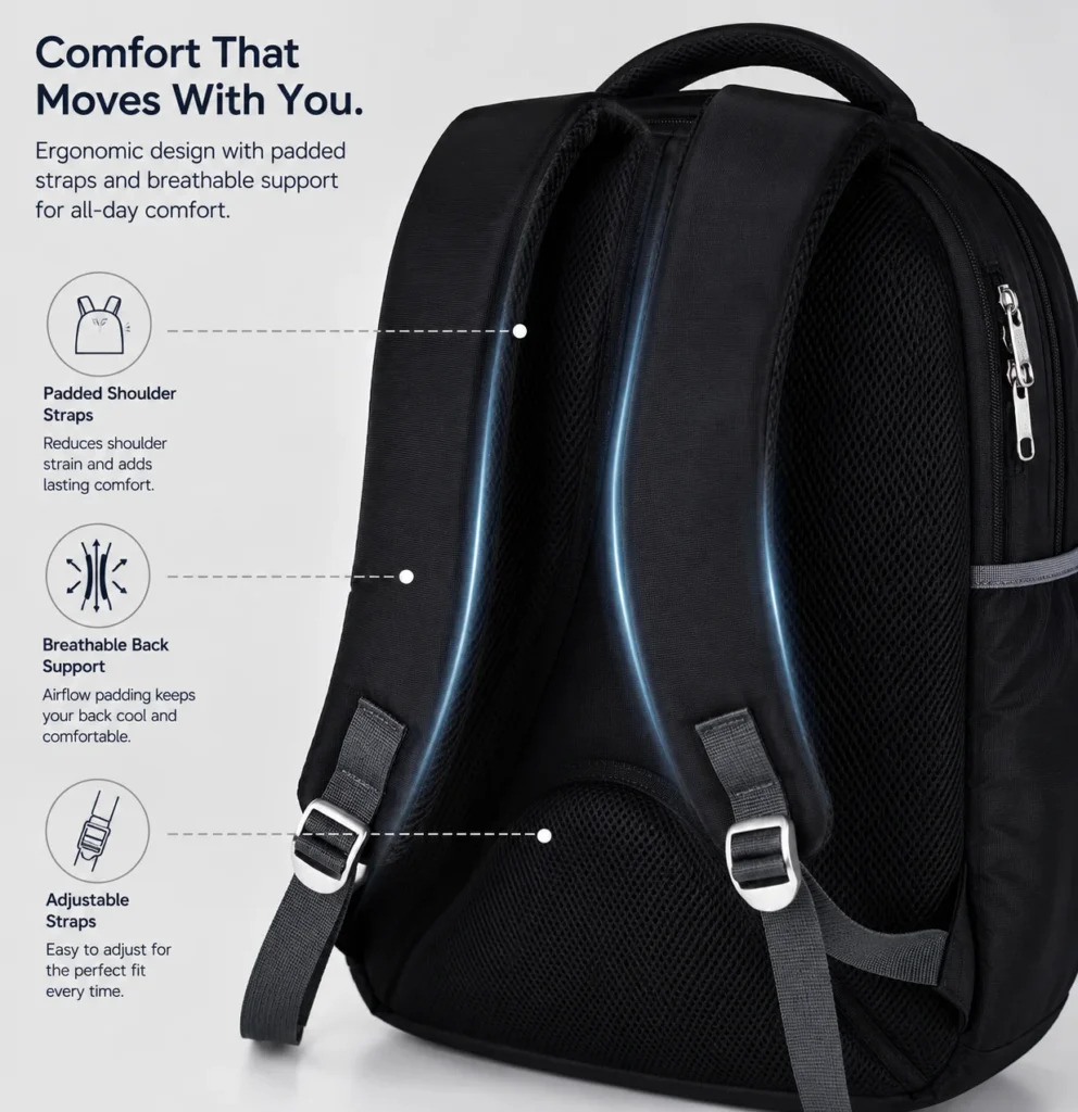 SKUGG black casual backpack with multiple zipper compartments, padded shoulder straps, and stylish printed front design.