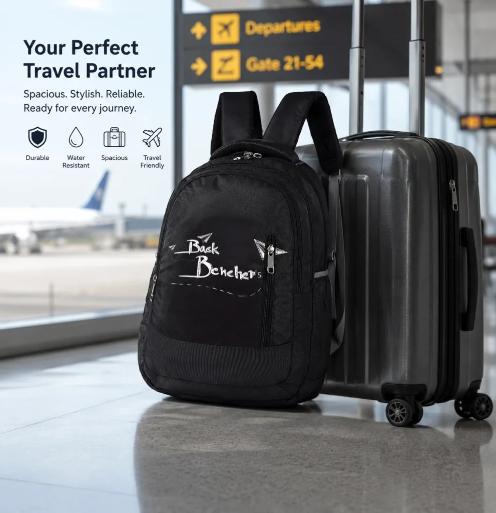 SKUGG black casual backpack with multiple zipper compartments, padded shoulder straps, and stylish printed front design.