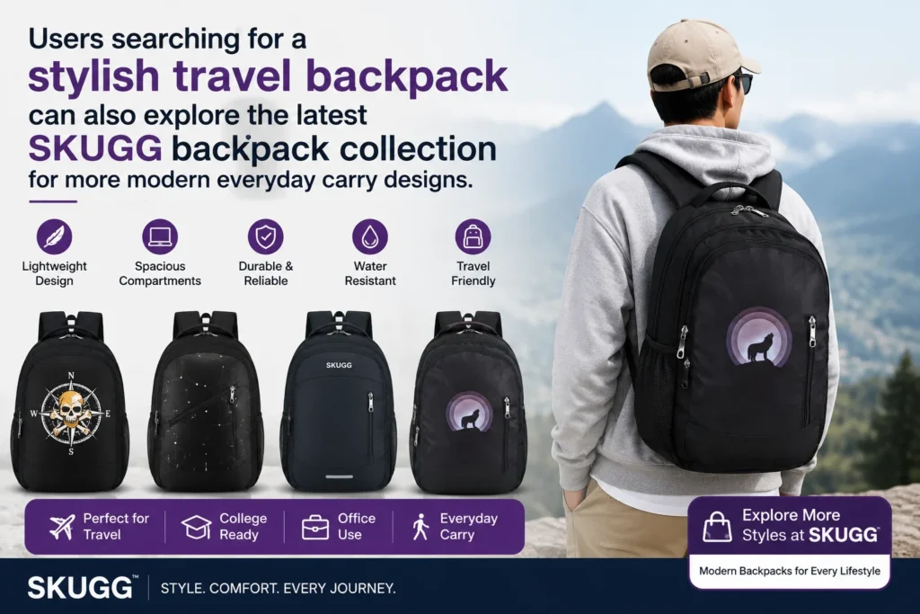 SKUGG stylish black travel backpack with modern wolf print design, lightweight body, multiple zip compartments, and comfortable shoulder straps for daily office, college, and travel use.