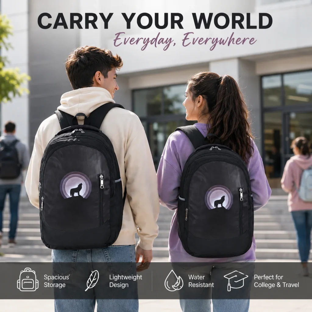 SKUGG stylish black travel backpack with modern wolf print design, lightweight body, multiple zip compartments, and comfortable shoulder straps for daily office, college, and travel use.