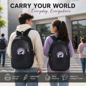 SKUGG stylish black travel backpack with modern wolf print design, lightweight body, multiple zip compartments, and comfortable shoulder straps for daily office, college, and travel use.