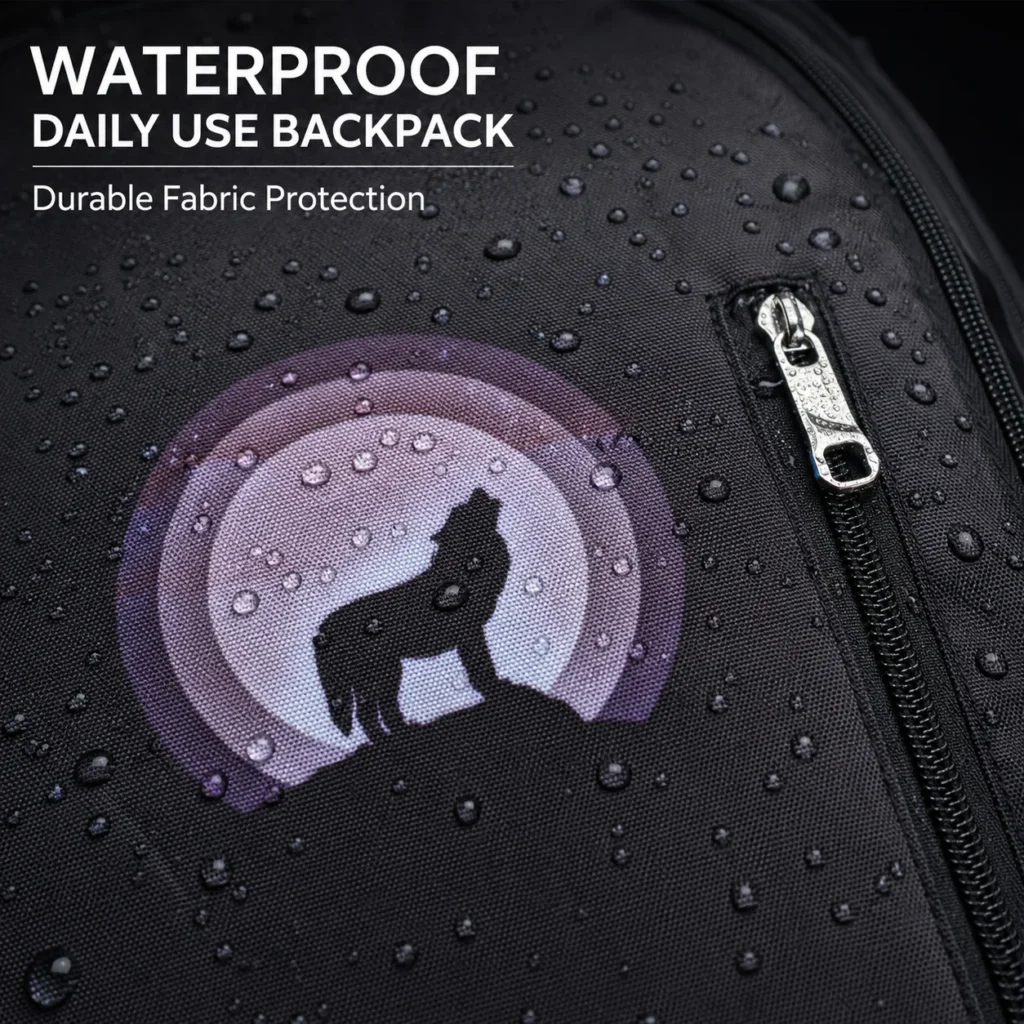 Black SKUGG backpack with wolf moon graphic design, featuring multiple zipper compartments and a sleek modern look for students and daily travel.