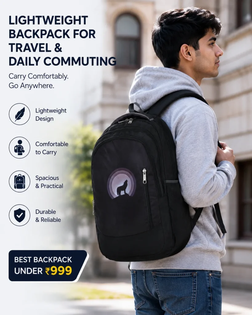 Black SKUGG backpack with wolf moon graphic design, featuring multiple zipper compartments and a sleek modern look for students and daily travel.
