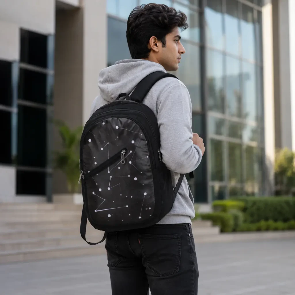 SKUGG stylish black constellation-print backpack carried by a young woman walking on a modern college campus outdoors.