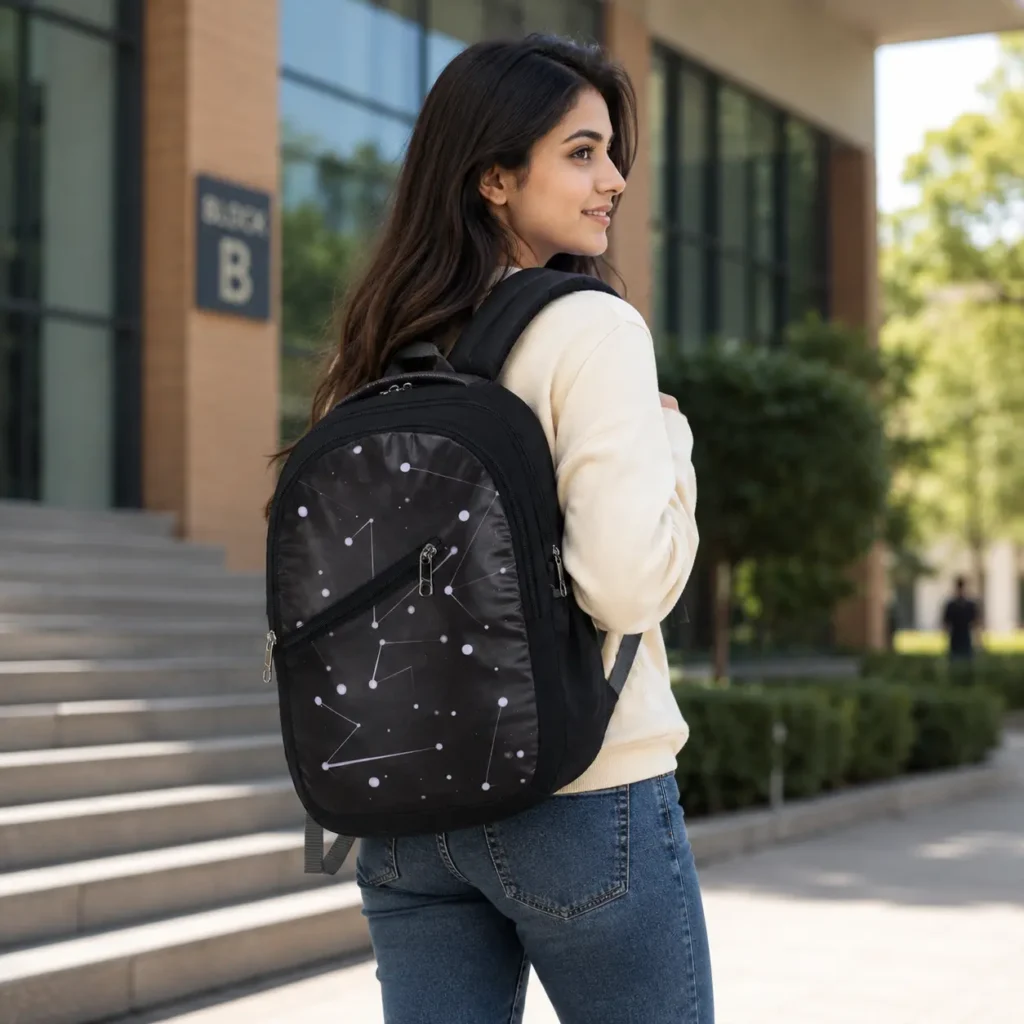 SKUGG stylish black constellation-print backpack carried by a young woman walking on a modern college campus outdoors.