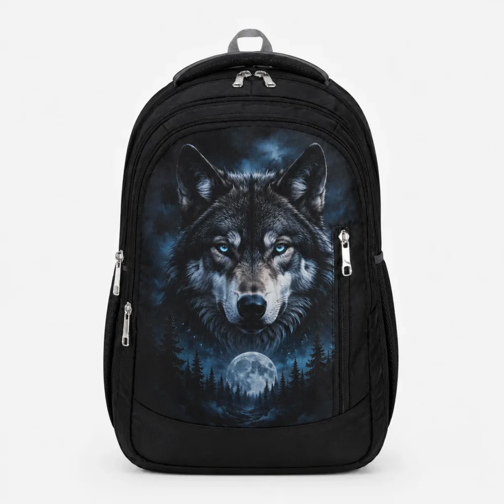Black SKUGG wolf print backpack with glowing blue eyes and moonlight forest artwork, designed for students, travel, and everyday use.