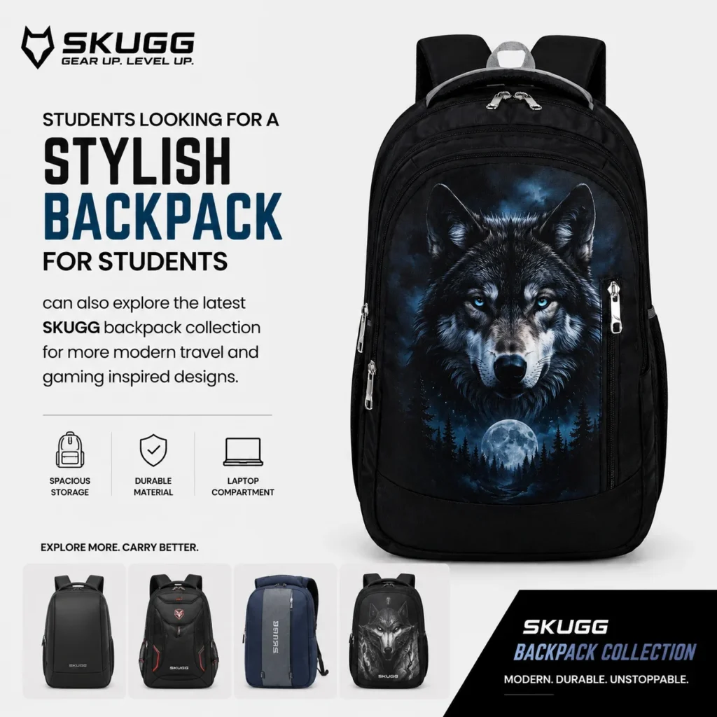 Black SKUGG wolf print backpack with glowing blue eyes and moonlight forest artwork, designed for students, travel, and everyday use.
