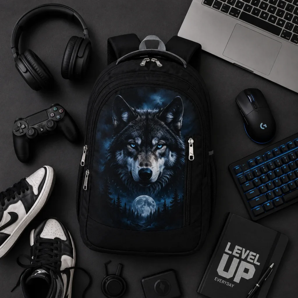 Black SKUGG wolf print backpack with glowing blue eyes and moonlight forest artwork, designed for students, travel, and everyday use.