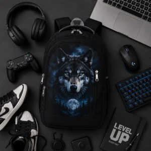 Black SKUGG wolf print backpack with glowing blue eyes and moonlight forest artwork, designed for students, travel, and everyday use.