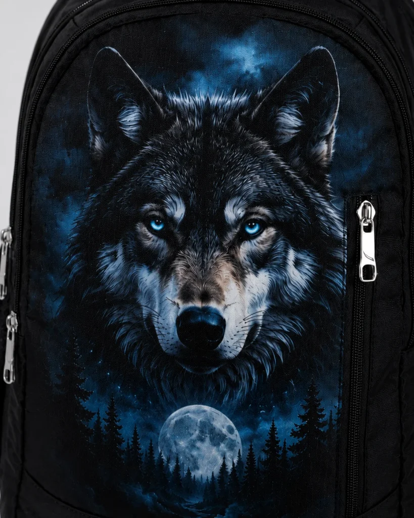 Black SKUGG wolf print backpack with glowing blue eyes and moonlight forest artwork, designed for students, travel, and everyday use.