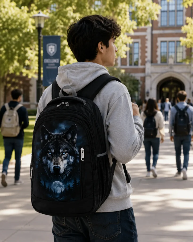 Black SKUGG wolf print backpack with glowing blue eyes and moonlight forest artwork, designed for students, travel, and everyday use.