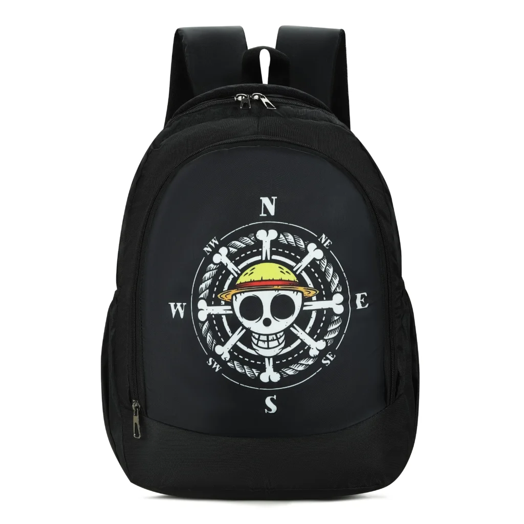 SKUGG black backpack featuring a bold pirate compass graphic design, spacious zip compartment, and padded shoulder straps.